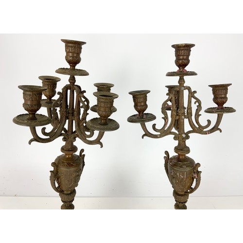 370 - PAIR OF CANDELABRA ON RED MARBLE BASES 54cm TALL