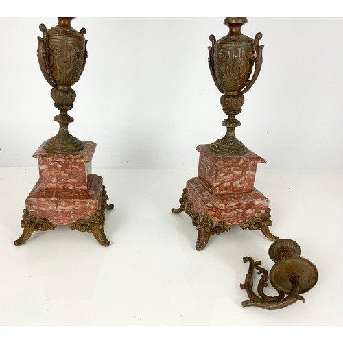 370 - PAIR OF CANDELABRA ON RED MARBLE BASES 54cm TALL