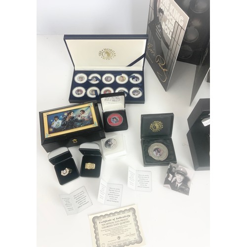 377 - ELVIS PRESLEY MERCHANDISE INC COINS , WATCHES , RINGS, JEWELLERY BOX ETC