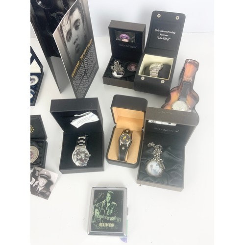 377 - ELVIS PRESLEY MERCHANDISE INC COINS , WATCHES , RINGS, JEWELLERY BOX ETC