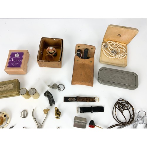 389 - QTY. INTERESTING MISCELLANEOUS ITEMS INC. ASPREY BOX, CIRO PEARLS, BELT BUCKLES, PIPE REAMS, FOLDING... 