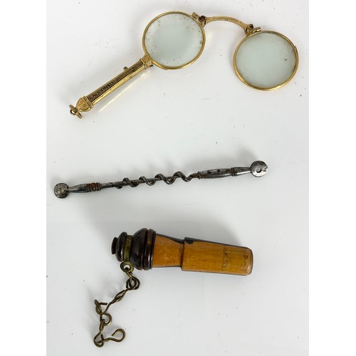 392 - MISC, ITEMS INC. PR. CONTINENTAL YELLOW METAL FOLDING LORGNETTES, 2 FOLDING TORTOISESHELL LOUPES, ST... 