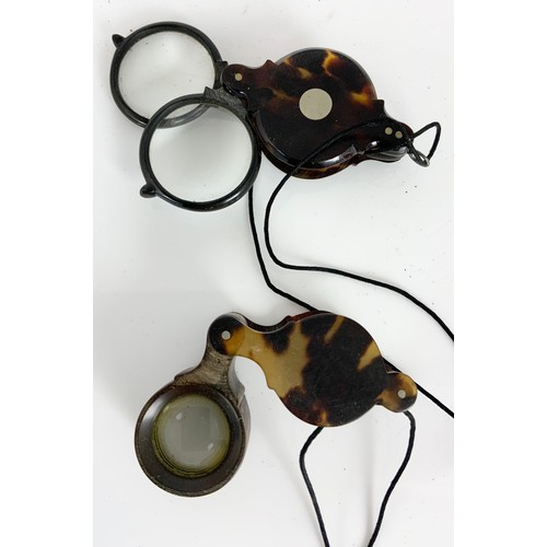 392 - MISC, ITEMS INC. PR. CONTINENTAL YELLOW METAL FOLDING LORGNETTES, 2 FOLDING TORTOISESHELL LOUPES, ST... 