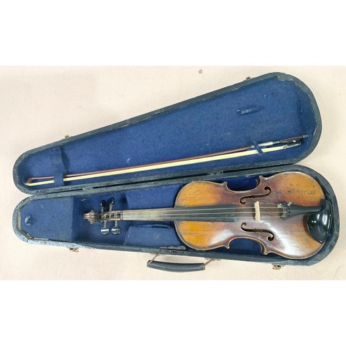 432 - OLD VIOLIN IN WOODEN CASE WITH ACCESSORIES, INCLUDING A SELECTION OF MUSIC FOR VIOLINS