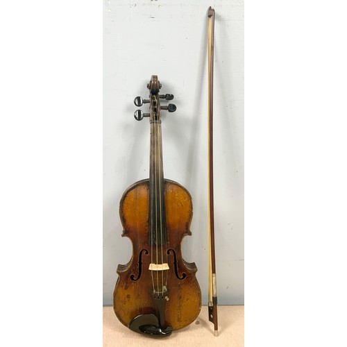 432 - OLD VIOLIN IN WOODEN CASE WITH ACCESSORIES, INCLUDING A SELECTION OF MUSIC FOR VIOLINS