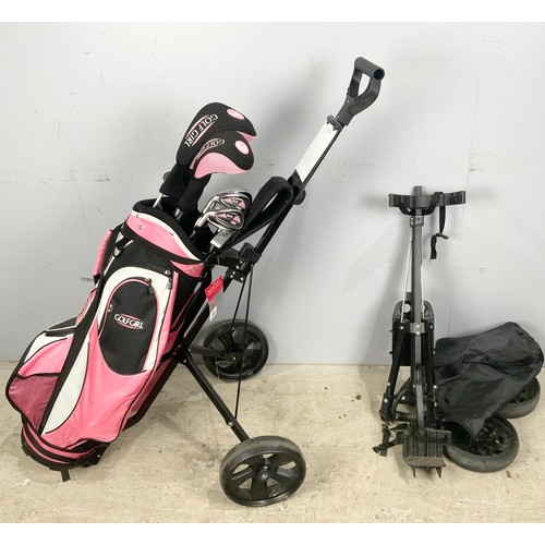 445 - GOLF GIRL GOLF BAG CONTAINING GOLF GIRL CLUBS AND TROLLEY T/W A SPARE TROLLEY