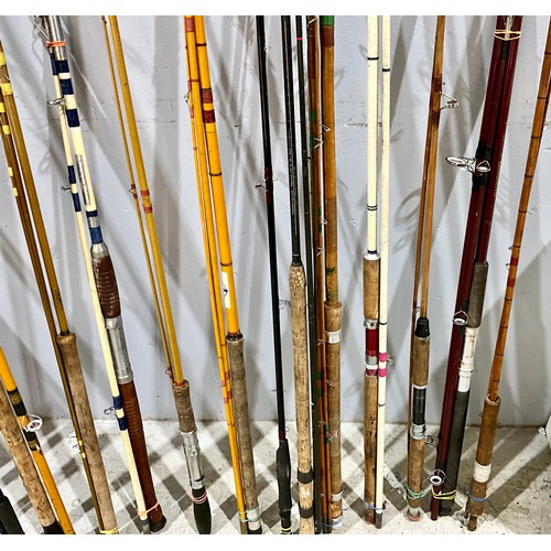 442 - COLLECTION OF CARBON FIBRE AND CANE FISHING RODS IN TWO LEATHER CASES AND A CLOTH BAG (18)