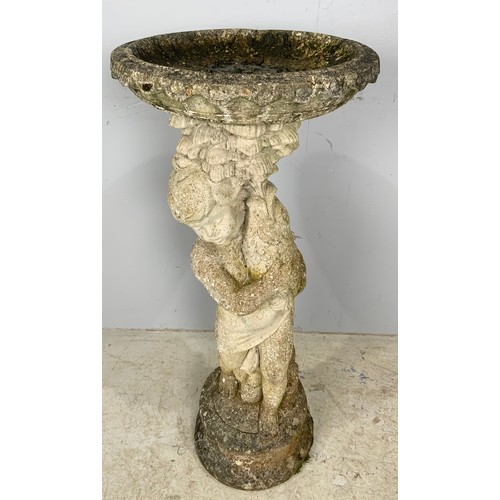 498 - COMPOSITE  CHERUB BIRD BATH 92cm TALL