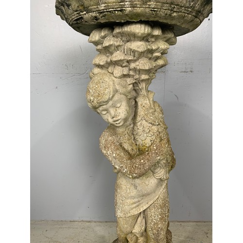 498 - COMPOSITE  CHERUB BIRD BATH 92cm TALL