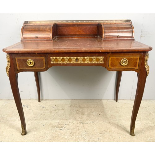 563 - FRENCH WRITING DESK WITH SUPER STRUCTURE HOUSING TWO TAMBOUR FRONT CUPBOARDS WITH GALLERIED TOP AND ... 