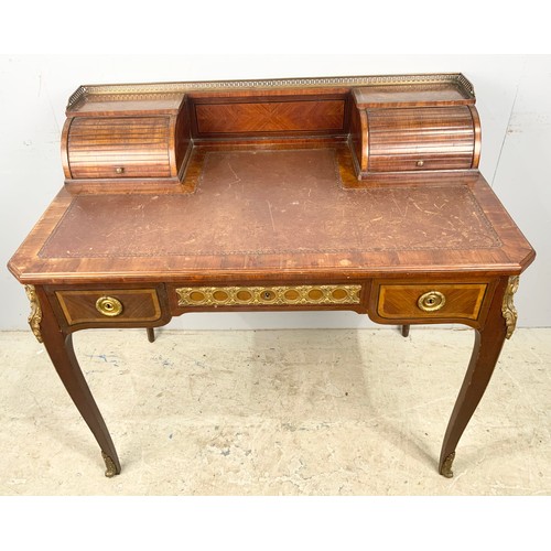 563 - FRENCH WRITING DESK WITH SUPER STRUCTURE HOUSING TWO TAMBOUR FRONT CUPBOARDS WITH GALLERIED TOP AND ... 