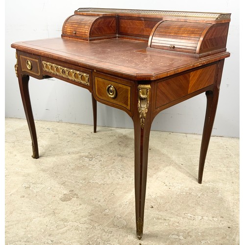 563 - FRENCH WRITING DESK WITH SUPER STRUCTURE HOUSING TWO TAMBOUR FRONT CUPBOARDS WITH GALLERIED TOP AND ... 