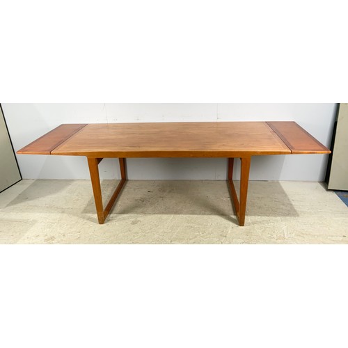 647 - LATE MID / LATE CENTURY TEAK DINING TABLE WITH TWO FOLDING LEAVES 255cm x 90cm EXTENDED WE ARE ADVIS... 