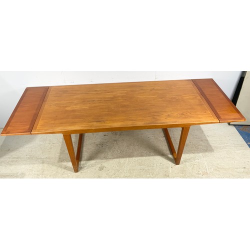 647 - LATE MID / LATE CENTURY TEAK DINING TABLE WITH TWO FOLDING LEAVES 255cm x 90cm EXTENDED WE ARE ADVIS... 