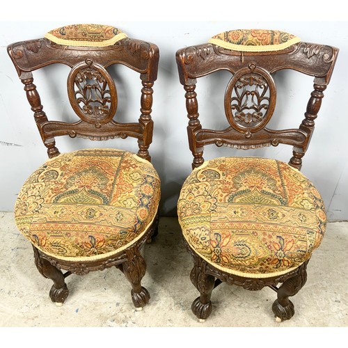 669 - TWO UNUSUAL TAPESTRY SEAT CARVED WOODEN CHAIRS WITH CLAW FEET GOOD QUALITY