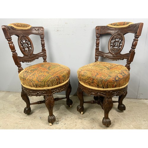 669 - TWO UNUSUAL TAPESTRY SEAT CARVED WOODEN CHAIRS WITH CLAW FEET GOOD QUALITY