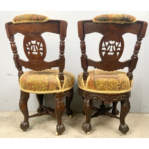 669 - TWO UNUSUAL TAPESTRY SEAT CARVED WOODEN CHAIRS WITH CLAW FEET GOOD QUALITY