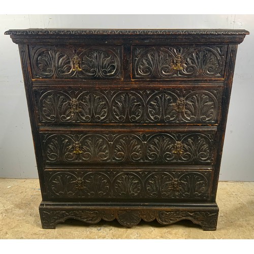 609 - GOTHIC  STYLE CARVED OAK CHEST OF 2 OVER 3 DRAWERS WIDTH  102cm