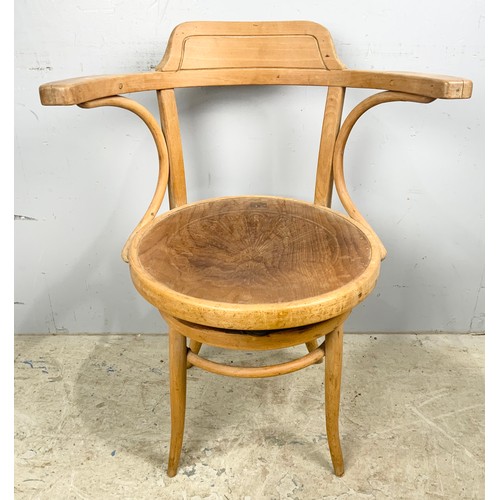 666 - UNUSUAL THONET TYPE ELBOW CHAIR WITH MACHINE PRESSED DECORATION TO SEAT PANEL AND SPRUNG SEAT