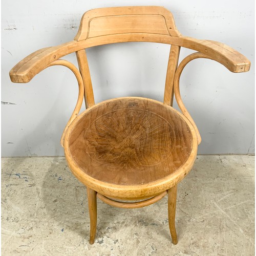 666 - UNUSUAL THONET TYPE ELBOW CHAIR WITH MACHINE PRESSED DECORATION TO SEAT PANEL AND SPRUNG SEAT