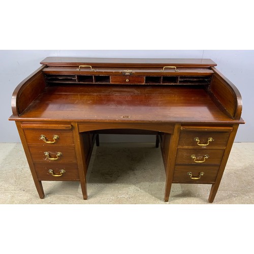 510 - BRITSIM MAHOGANY TAMBOUR  ROLL TOP TWIN PEDESTAL DESK WIDTH   137cm