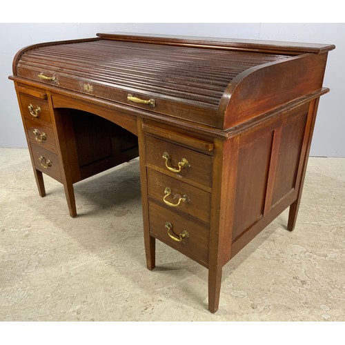 510 - BRITSIM MAHOGANY TAMBOUR  ROLL TOP TWIN PEDESTAL DESK WIDTH   137cm