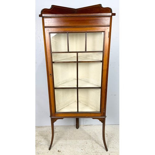 641 - INLAID MAHOGANY GLAZED CORNER DISPLAY CABINET ON SLENDER SPLAYED LEGS 132cm TALL, WIDTH 56cm