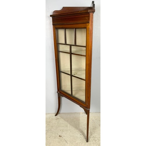 641 - INLAID MAHOGANY GLAZED CORNER DISPLAY CABINET ON SLENDER SPLAYED LEGS 132cm TALL, WIDTH 56cm