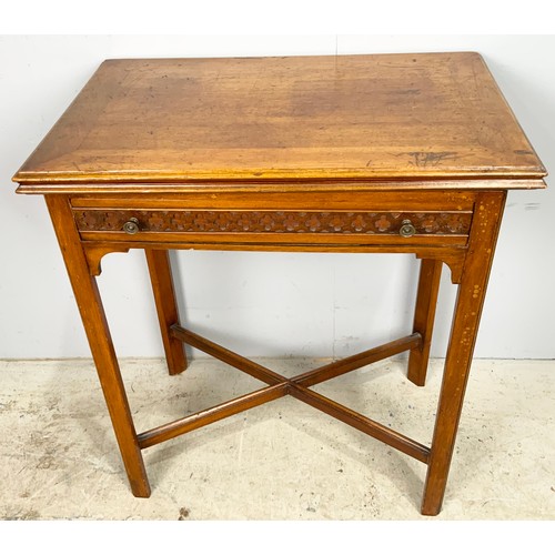 627 - J H STRINGER LTD FOLD OVER CARD TABLE HAVING FRIEZE DRAWER WITH BLIND FRETWORK DECORATION AND CROSS ... 