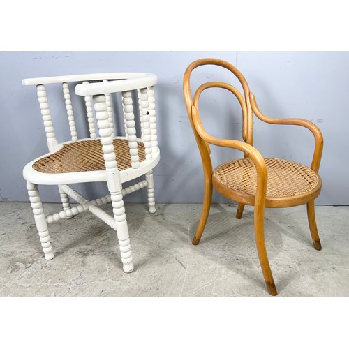 679 - BOBBIN TURNED TUB CHAIR AND A BENT WOOD CHILD’S / DOLL’S CHAIR BOTH WITH BERGERE SEATS