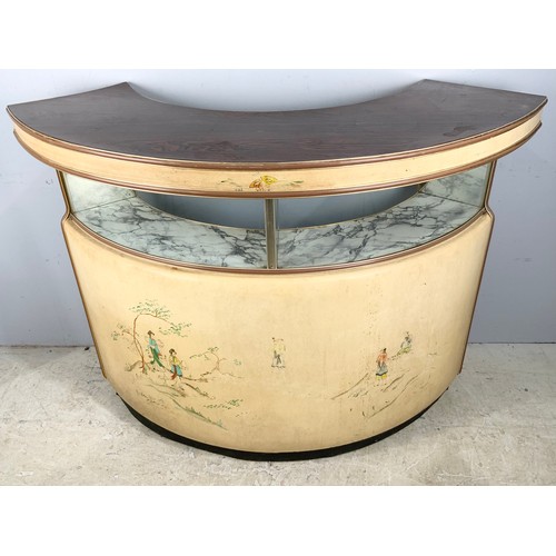 581 - 1930S CURVED FRONT BAR UNIT WITH CHINOISERIE DECORATED FRONT PANEL WIDTH 148cm. 107cm TALL