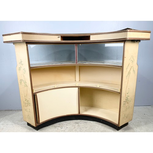 581 - 1930S CURVED FRONT BAR UNIT WITH CHINOISERIE DECORATED FRONT PANEL WIDTH 148cm. 107cm TALL