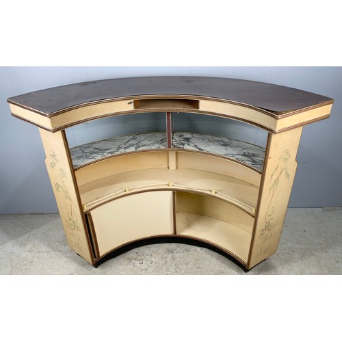 581 - 1930S CURVED FRONT BAR UNIT WITH CHINOISERIE DECORATED FRONT PANEL WIDTH 148cm. 107cm TALL