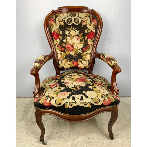 653 - ORNATE SHOW WOOD  ARMCHAIR WITH EMBROIDERED SEAT & BACK