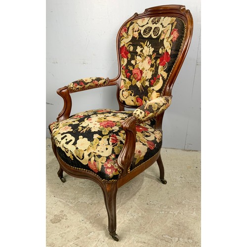 653 - ORNATE SHOW WOOD  ARMCHAIR WITH EMBROIDERED SEAT & BACK