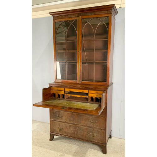 586 - GEORGIAN MAHOGANY SECRETAIRE BOOK CASE WITH ASTRAGAL GLAZED TOP, FALL FRONT CONCEALING A FITTED INTE... 