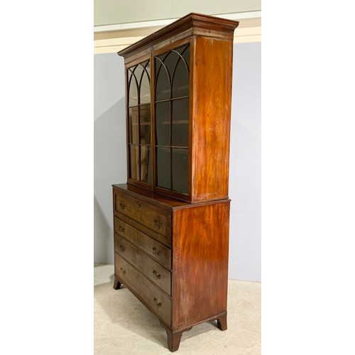 586 - GEORGIAN MAHOGANY SECRETAIRE BOOK CASE WITH ASTRAGAL GLAZED TOP, FALL FRONT CONCEALING A FITTED INTE... 