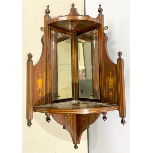 513 - PAIR OF INLAID MAHOGANY HANGING CORNER MIRROR BACK SHELVES EACH 84cm TALL