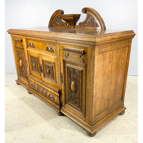 515 - LIBITY STYLE ARTS & CRAFTS HEAVILY CARVED  LARGE SIDEBOARD WITH STYLISH COPPER HANDLES WIDTH 184cm