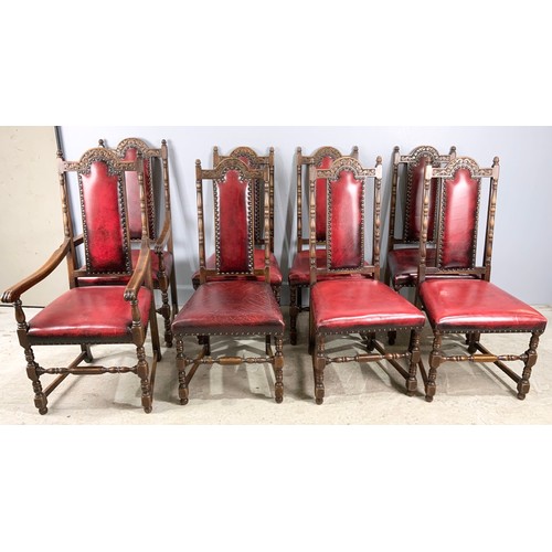 665 - SET OF 8 JC  ( JAYCEE) OAK DINING CHAIRS  WITH BURGUNDY LEATHER UPHOLSTEREY