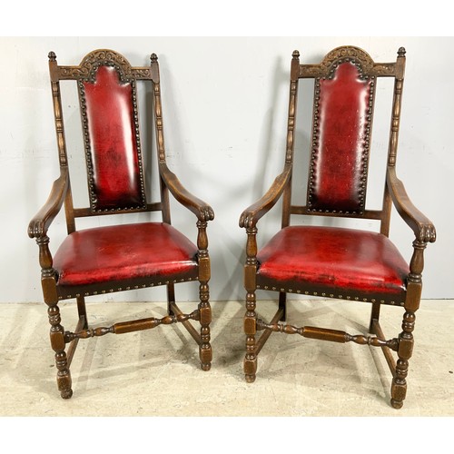 665 - SET OF 8 JC  ( JAYCEE) OAK DINING CHAIRS  WITH BURGUNDY LEATHER UPHOLSTEREY