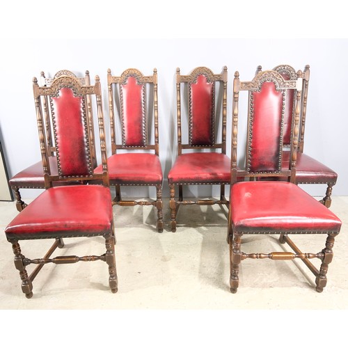 665 - SET OF 8 JC  ( JAYCEE) OAK DINING CHAIRS  WITH BURGUNDY LEATHER UPHOLSTEREY