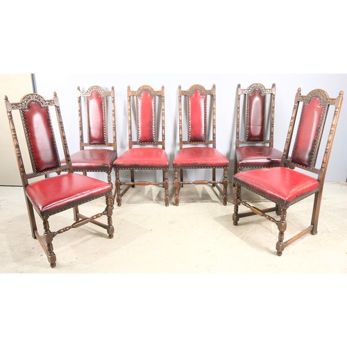 665 - SET OF 8 JC  ( JAYCEE) OAK DINING CHAIRS  WITH BURGUNDY LEATHER UPHOLSTEREY