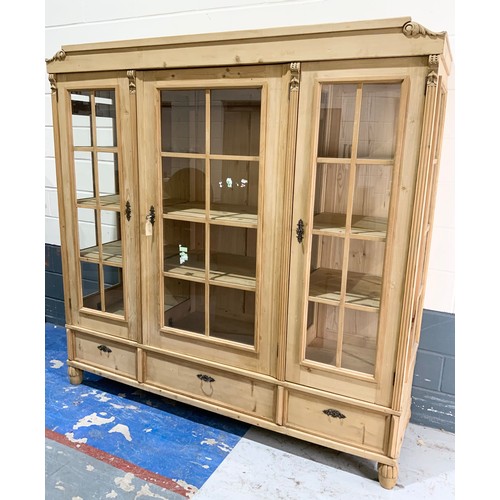 559 - UNUSUAL LARGE GLAZED  STRIPPED PINE CUPBOARD / DISPLAY CABINET WIDTH 204cm . 202cm TALL