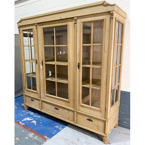 559 - UNUSUAL LARGE GLAZED  STRIPPED PINE CUPBOARD / DISPLAY CABINET WIDTH 204cm . 202cm TALL