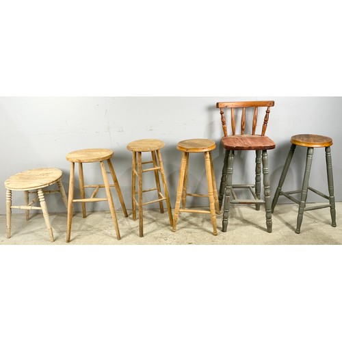 548 - 3 STRIPPED PINE AND 1 OTHER PAINTED STOOL TOGETHER WITH BAR STOOL