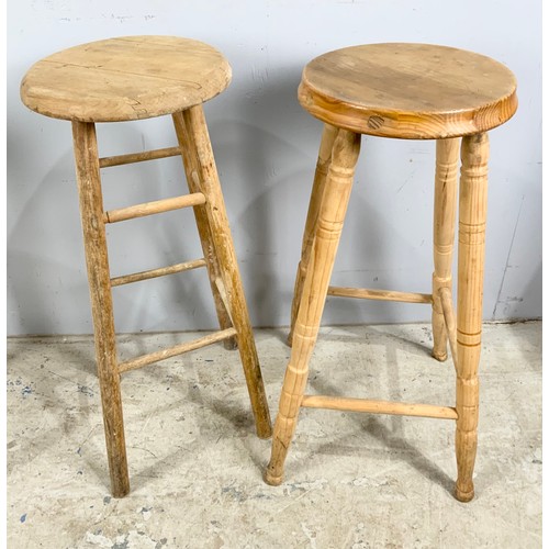 548 - 3 STRIPPED PINE AND 1 OTHER PAINTED STOOL TOGETHER WITH BAR STOOL