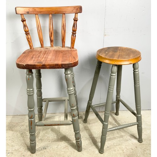 548 - 3 STRIPPED PINE AND 1 OTHER PAINTED STOOL TOGETHER WITH BAR STOOL