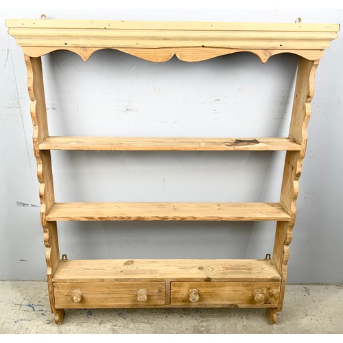 637 - PINE WALL SHELVES WITH TWO DRAWERS WIDTH 84cm