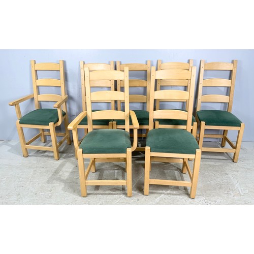 658 - SET OF 7  (5 + 2 CARVERS ) BEECH LADDER BACK DINING CHAIRS WITH UPHOLSTERED SEATS